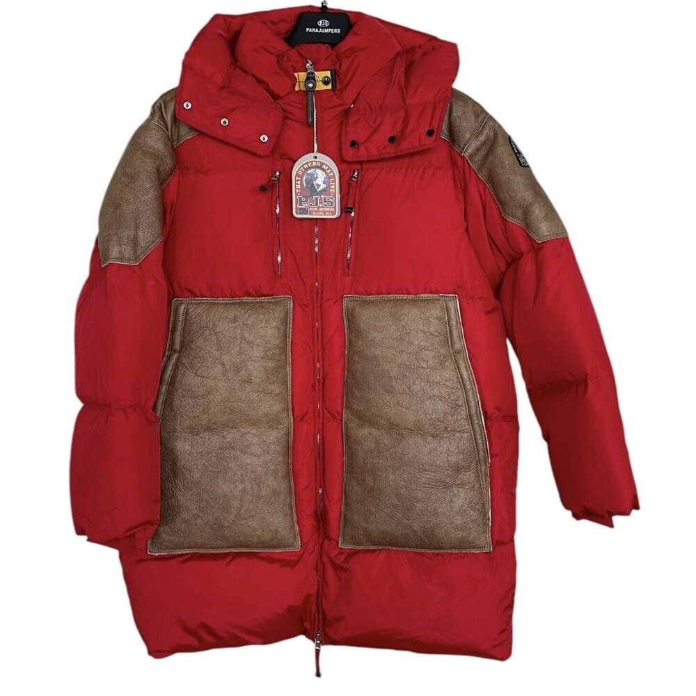 Parajumpers Jacket Coat Womens Size Medium M Long Red Tan Leather Down $1750